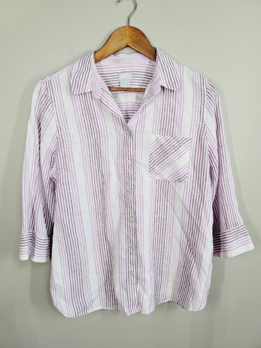 Chico's No Iron Plum Striped Linen Shirt, Size 1.5 (10) - Picture 2 of 5